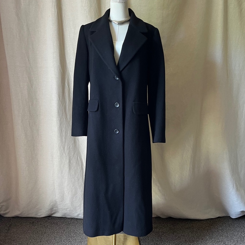Worthington Wool Cashmere Long Coat Black Minimalist Tailored Size 8